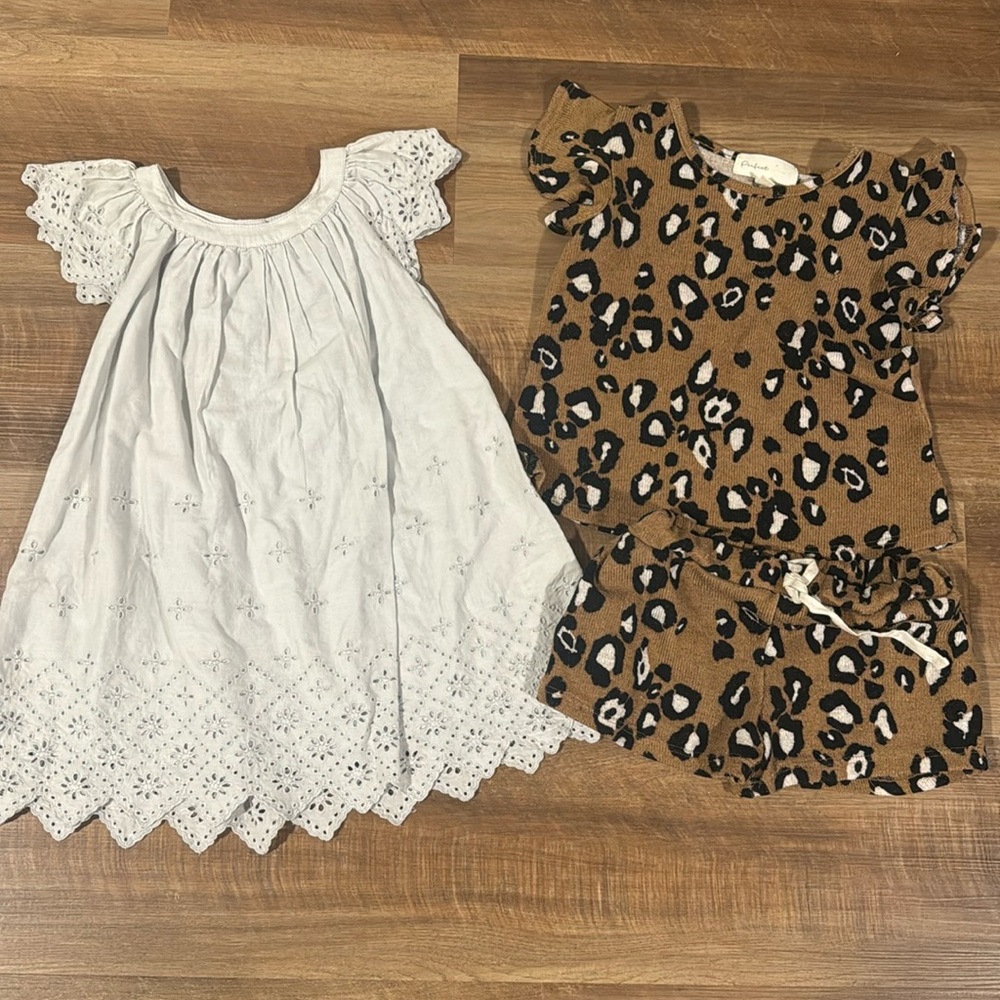 3t bundle.  Eyelet dress in a grayish blue color, and leopard print set.